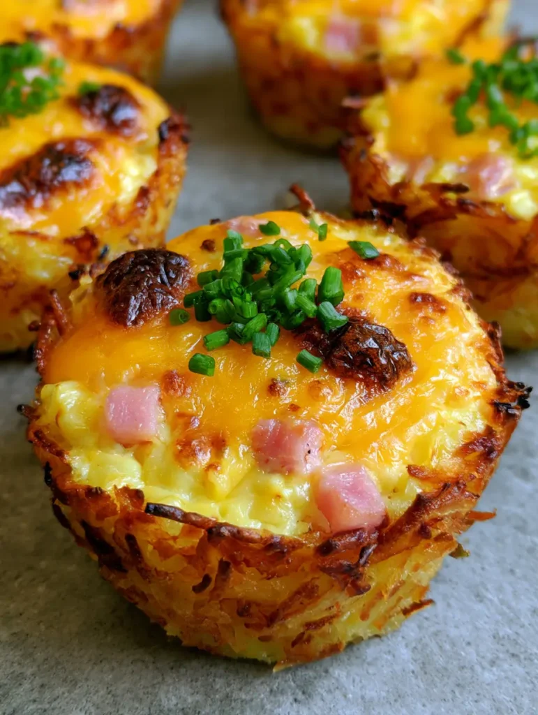 Ham and Cheese Egg Muffins with a Crispy Hashbrown Crust 1 Individual egg muffin with shredded golden hashbrown edges and a garnish of vibrant green chives.