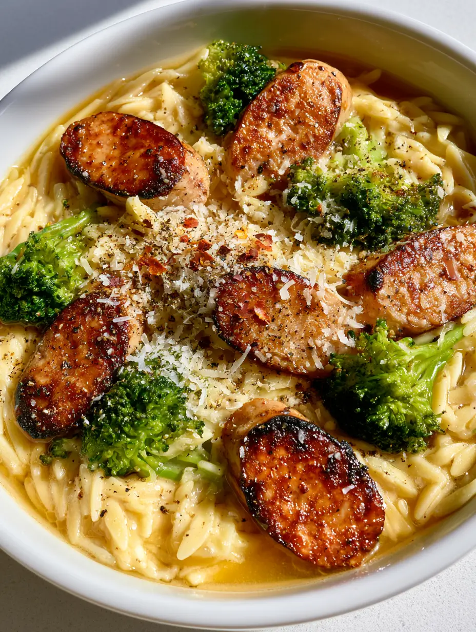One-Pot Chicken Sausage Orzo with Creamy Broccoli and Parmesan 3 Close up of creamy One-Pot Chicken Sausage Orzo with caramelized sausage slices and broccoli.