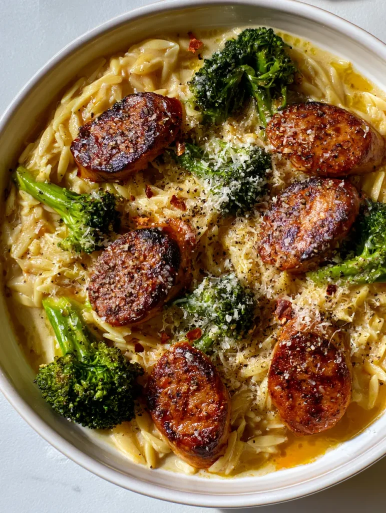 One-Pot Chicken Sausage Orzo with Creamy Broccoli and Parmesan 1 Top-down photo of One-Pot Chicken Sausage Orzo garnished with parmesan and red pepper flakes.