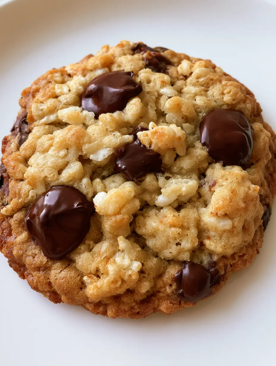 Extreme close-up of Rice Krispie Chocolate Chip Cookies showing toasted cereal pieces and semi-melted dark chocolate chips.