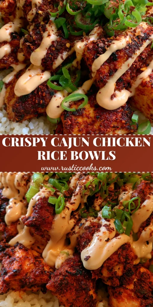 Crispy Cajun Chicken Rice Bowl with Creamy Spicy Mayo 4 A handheld smartphone photo of a Crispy Cajun Chicken Rice Bowl featuring deeply seared dark red chicken on fluffy white rice with a zigzag of orange mayo and green onions.