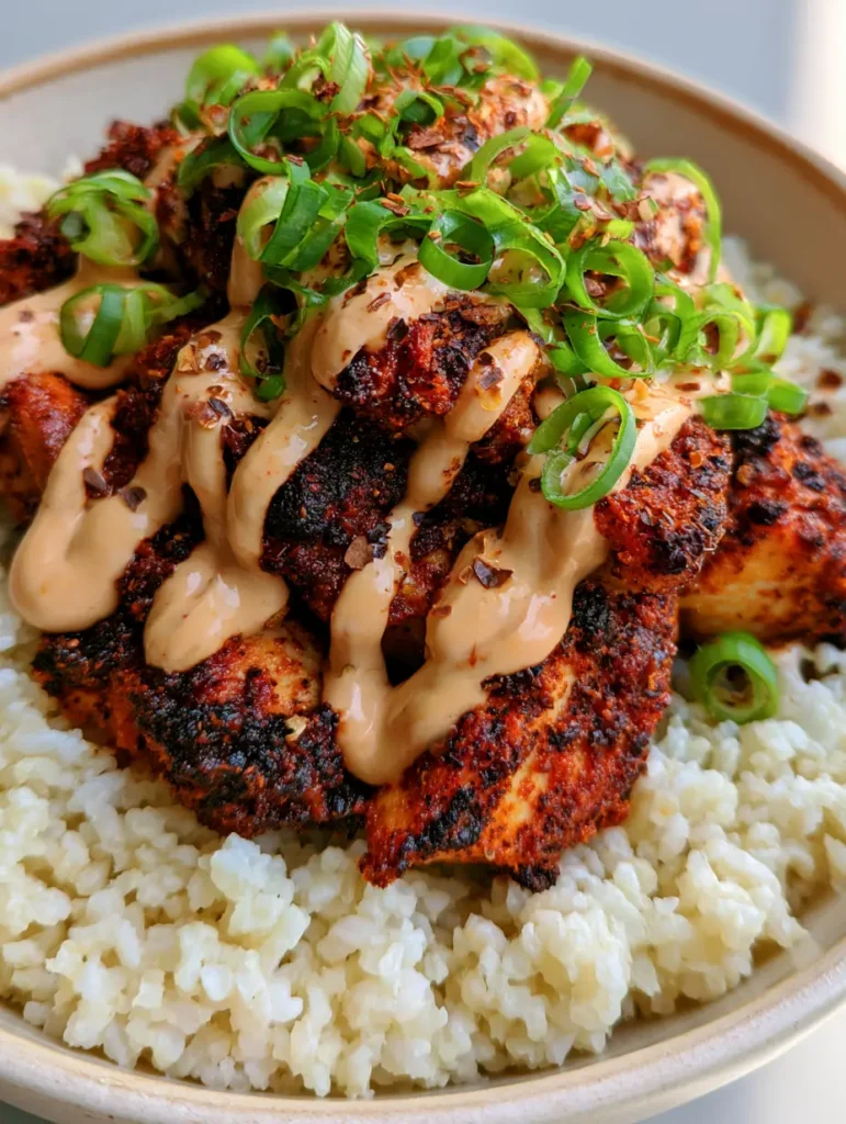 Crispy Cajun Chicken Rice Bowl with Creamy Spicy Mayo 2 Close up shot of bite-sized Cajun chicken pieces with a textured orange-red crust on a bed of jasmine rice.