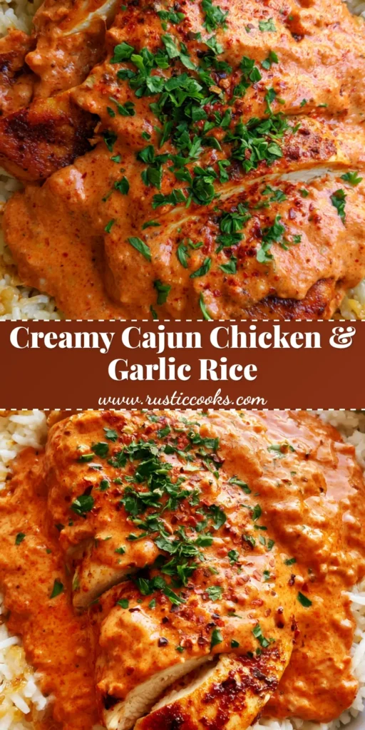 A ceramic bowl filled with fluffy garlic rice and sliced pan-seared chicken coated in a thick, vibrant orange-red Creamy Cajun Chicken and Rice sauce, garnished with parsley.