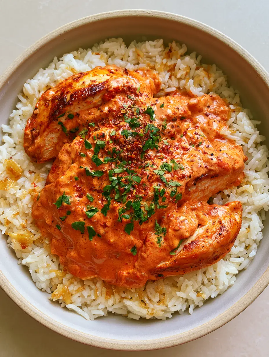 Close-up top-down view of Creamy Cajun Chicken and Rice featuring golden-brown seared chicken and a velvety spiced sauce.