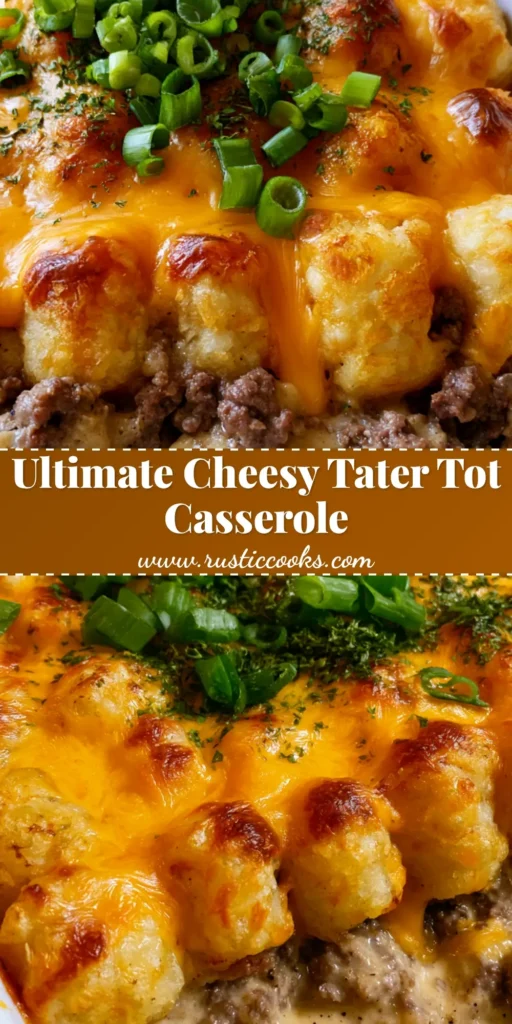 Tater Tot Casserole with Crispy Golden Tots and Sharp Melted Cheddar 4 A top-down view of a Tater Tot Casserole with bubbling cheddar cheese, crispy tots, and fresh green scallions in a white baking dish.