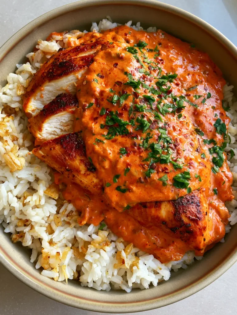 A ceramic bowl of Creamy Cajun Chicken and Rice showing the vibrant orange-red cream sauce and fresh parsley garnish.