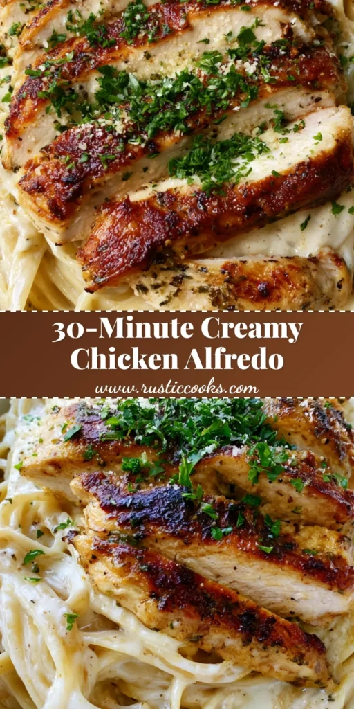 A close-up shot of Creamy Chicken Alfredo with golden seared chicken and fresh parsley in a white bowl.