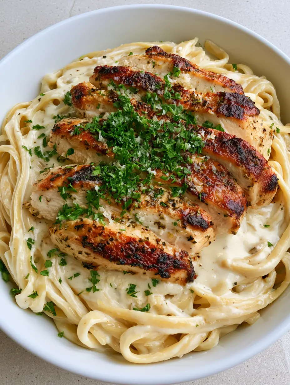 Slightly overhead shot of Creamy Chicken Alfredo showing the thick ivory sauce and seared chicken breast.
