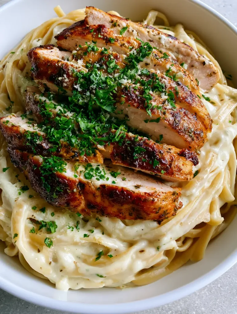 Close-up of fettuccine noodles coated in a garlic parmesan cream sauce with micro-grated cheese.