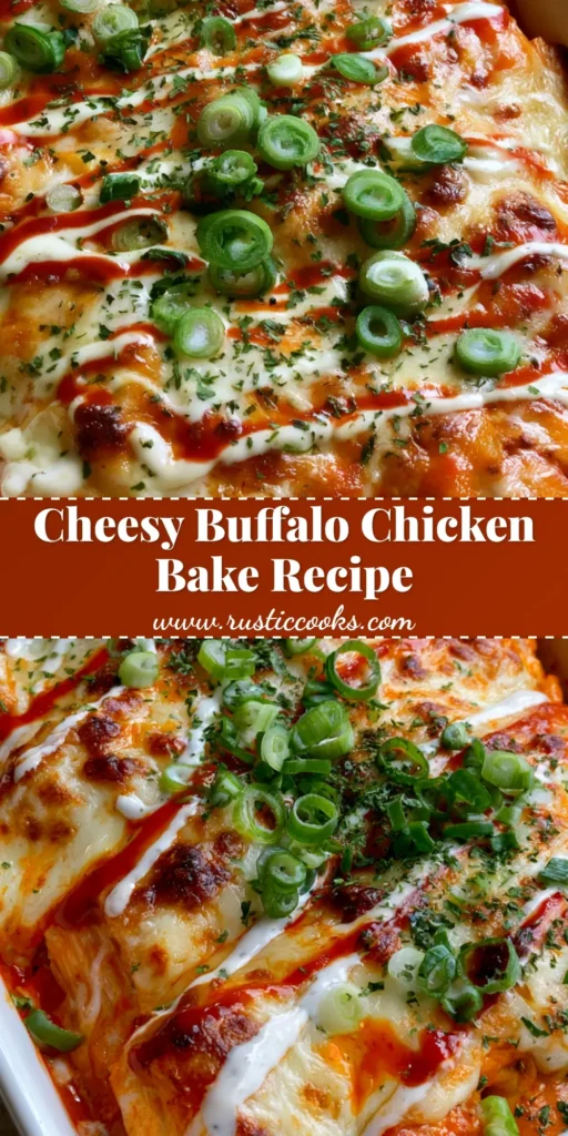 Buffalo Chicken Cheese Bake: The Ultimate One-Pan Spicy Comfort Food 4 A close-up shot of a Buffalo Chicken Cheese Bake in a white ceramic dish with bubbly cheese, ranch drizzle, and green onions.