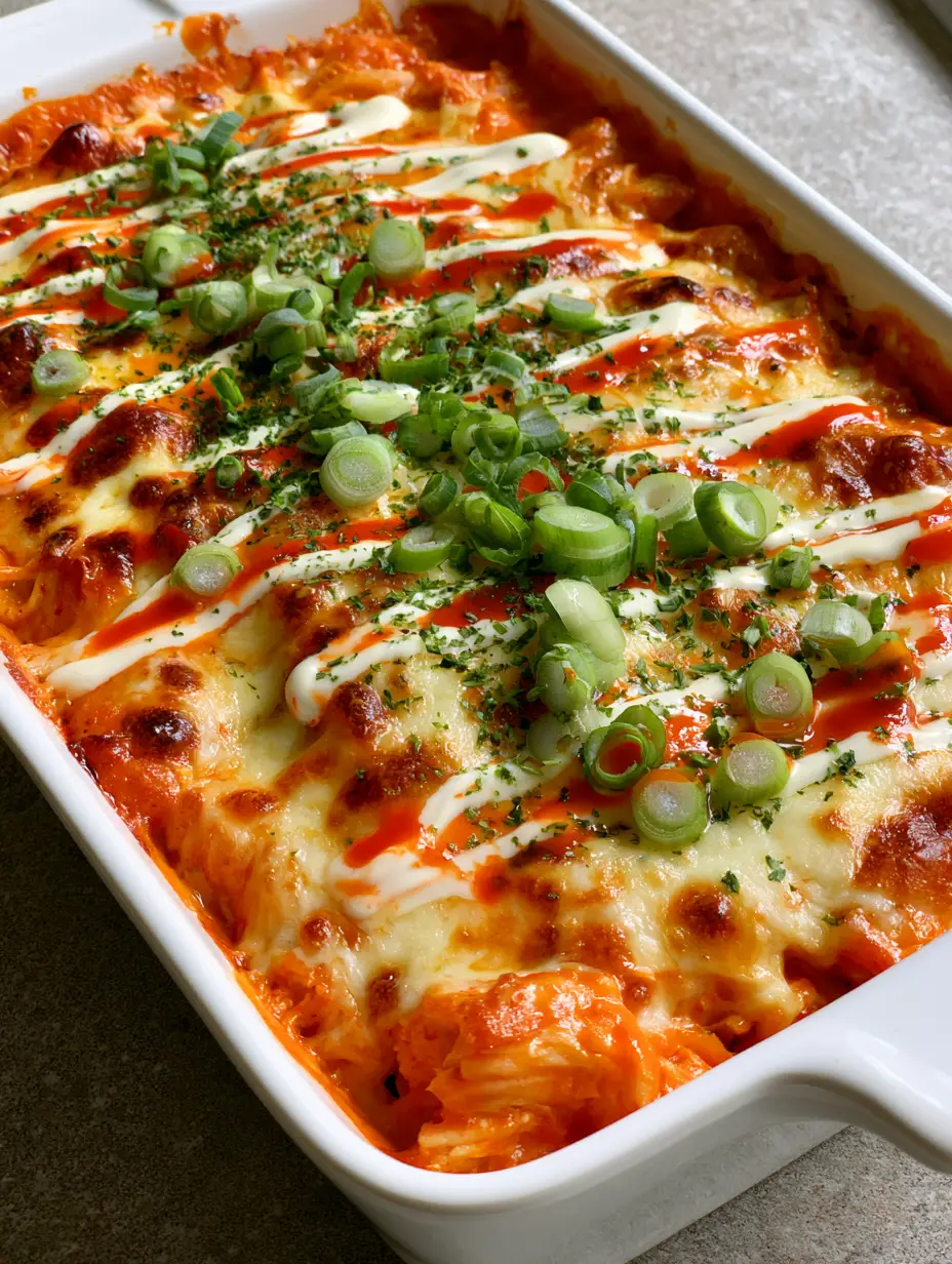 Buffalo Chicken Cheese Bake: The Ultimate One-Pan Spicy Comfort Food 3 A bubbling Buffalo Chicken Cheese Bake featuring golden-brown charred mozzarella and cheddar cheese.