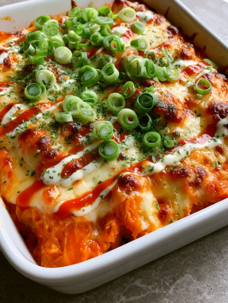 Buffalo Chicken Cheese Bake: The Ultimate One-Pan Spicy Comfort Food 1 Thick moist shredded chicken coated in glossy orange buffalo sauce with a ranch zigzag garnish.