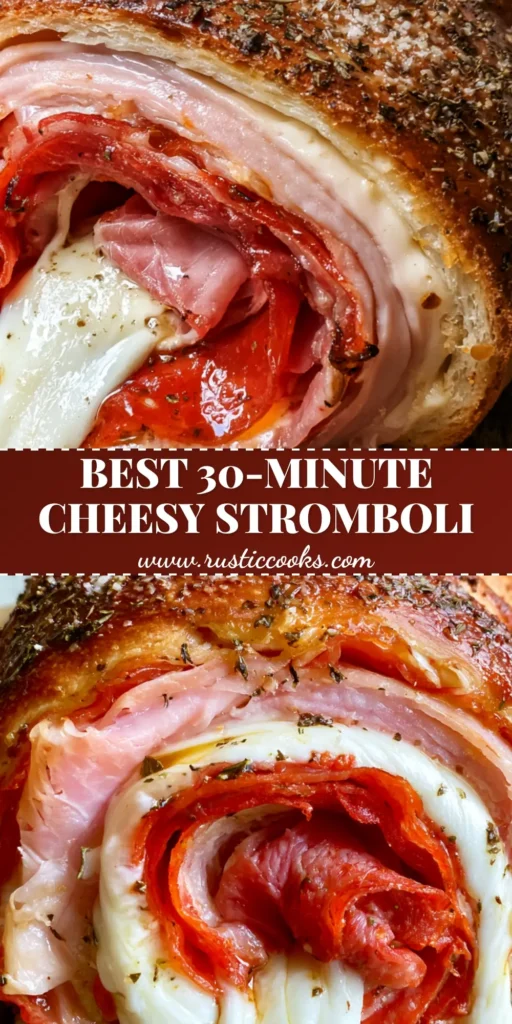 Italian Stromboli Recipe: The Ultimate Crispy, Meat-Packed Sensation 4 A sliced Italian Stromboli on a wooden board showing layers of ham, salami, pepperoni, and melted mozzarella with a golden garlic butter crust. (Italian Stromboli Recipe)