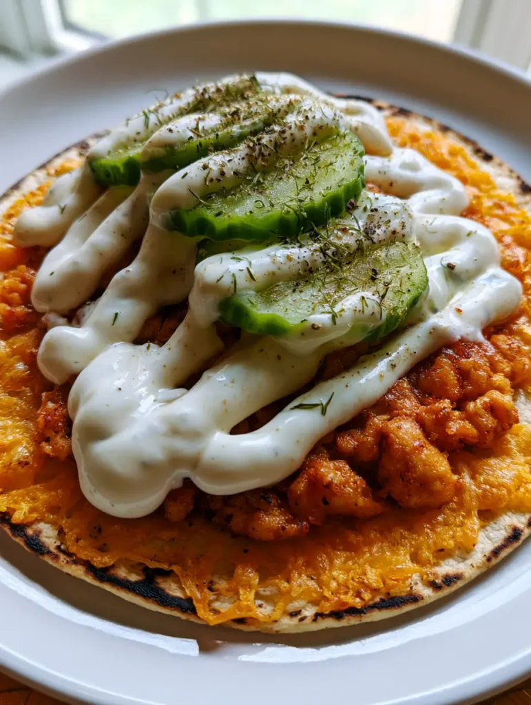 Overhead view of a finished taco on a white plate with crinkle-cut pickles and heavy ranch drizzle. (Dill Pickle Ranch Chicken Tacos)