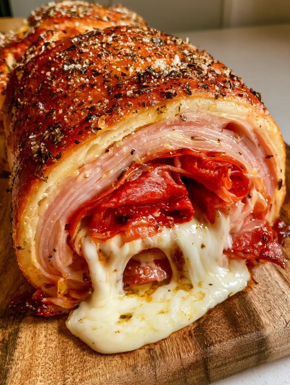 Italian Stromboli Recipe: The Ultimate Crispy, Meat-Packed Sensation 3 Smartphone photo of a sliced Italian Stromboli resting on a rustic board, featuring a glistening garlic butter crust speckled with oregano. (Italian Stromboli Recipe)