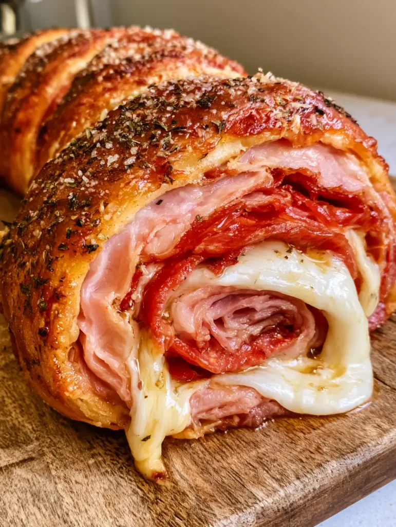 Italian Stromboli Recipe: The Ultimate Crispy, Meat-Packed Sensation 1 Close-up cross-section of a meat-filled stromboli with shimmering oils on pepperoni and salami and white mozzarella cheese.