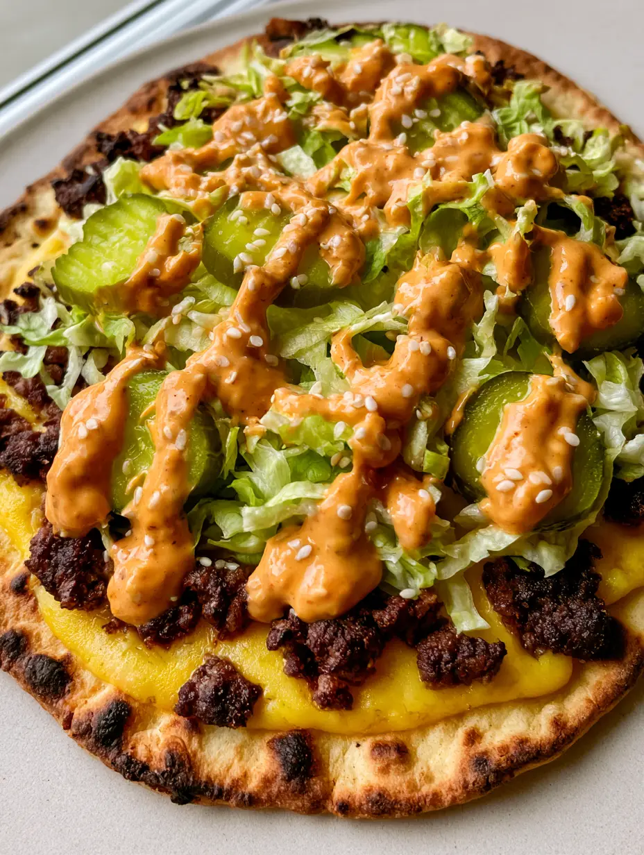 Close up of melted yellow cheddar cheese and savory browned ground beef crumbles on a toasted flatbread. (Fun Family Dinner Ideas)