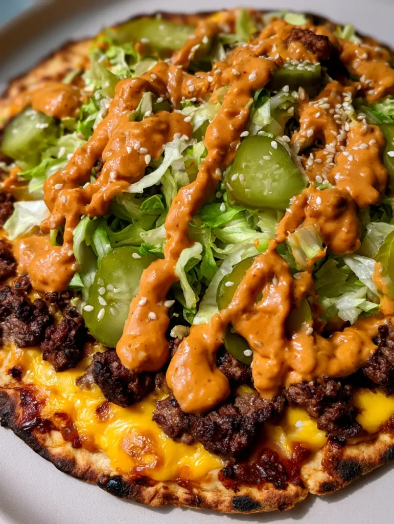 Top down view of cheeseburger pizza with fresh shredded lettuce, dill pickles, and creamy orange sauce.