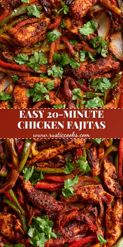 A top-down shot of vibrant Sheet Pan Chicken Fajitas on a dark metal pan with charred peppers and lime wedges.