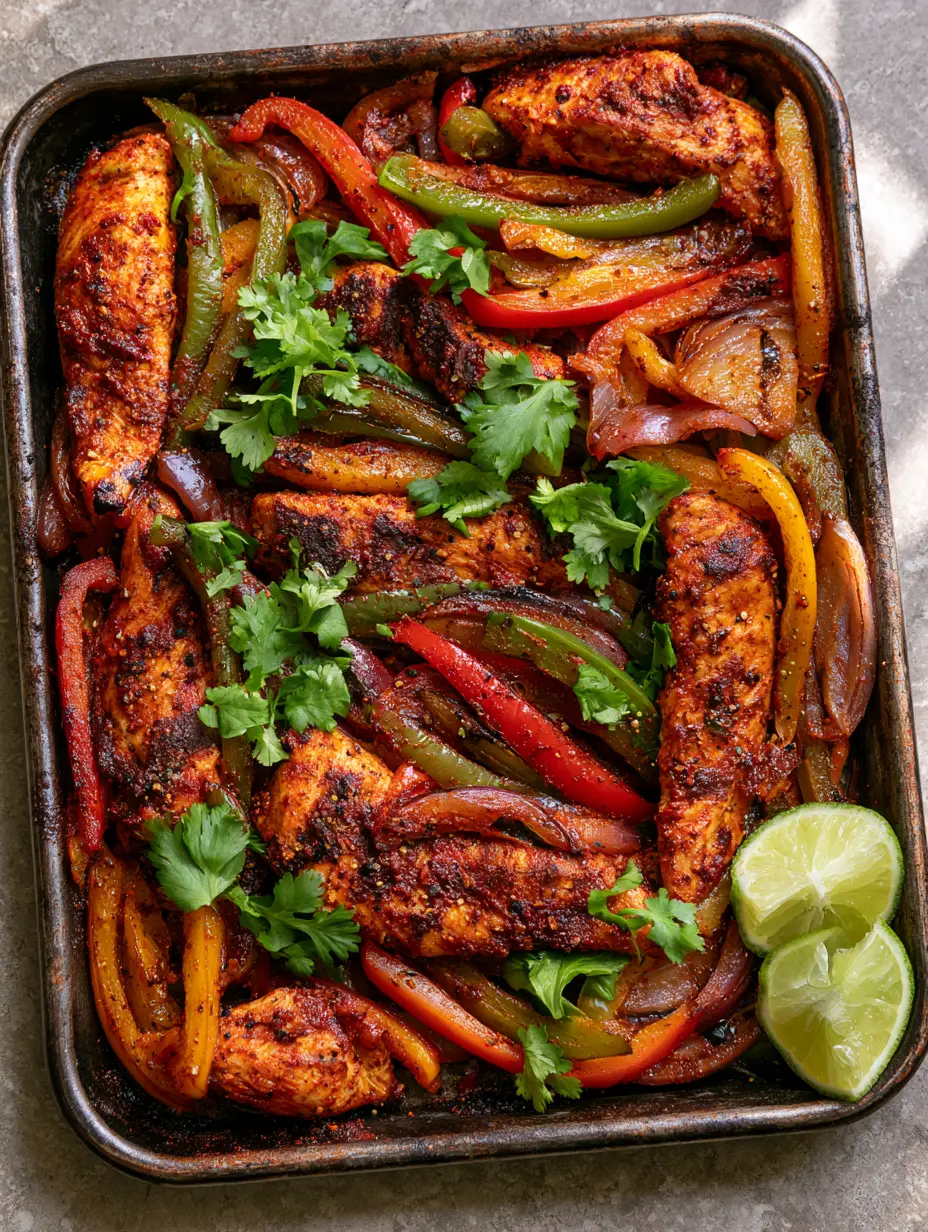 Detailed view of charred chicken breast strips and blistered red, yellow, and green bell peppers on a dark pan. (Sheet Pan Chicken Fajitas)