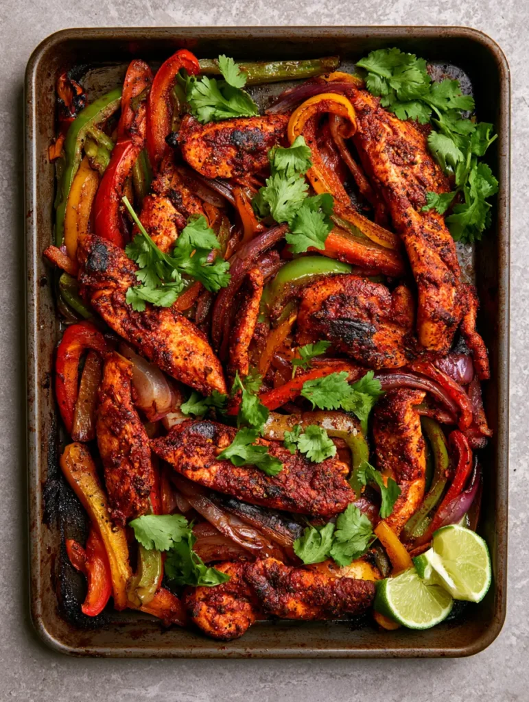 A top-down view of the finished Sheet Pan Chicken Fajitas garnished with fresh cilantro and lime wedges on a grey stone background.