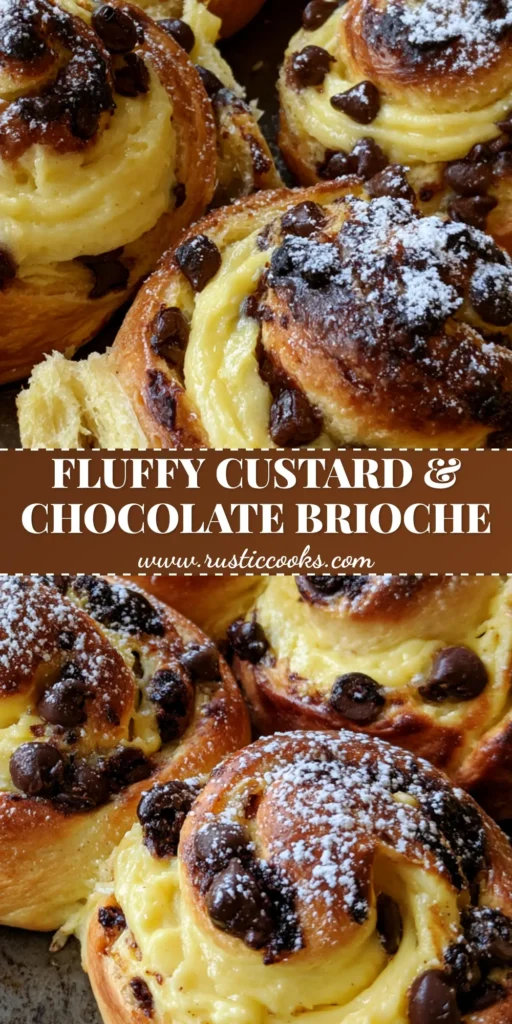 Custard Brioche Rolls with Vanilla Cream and Chocolate Chips 3 Close-up overhead shot of several freshly baked Custard Brioche Rolls with deep golden brown dough and creamy vanilla swirls on a rustic tray.