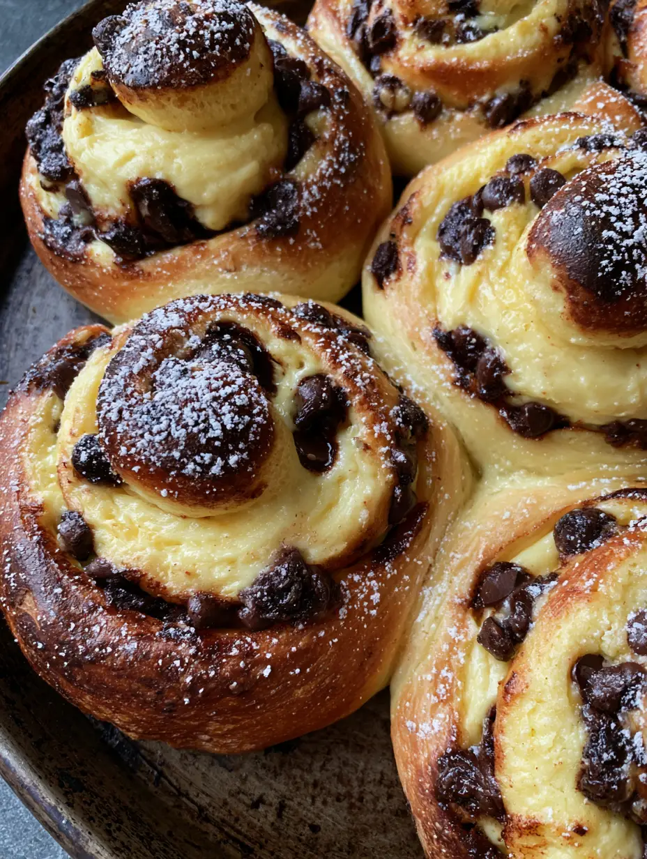 Custard Brioche Rolls with Vanilla Cream and Chocolate Chips 4 A close-up of Custard Brioche Rolls showing melted chocolate chips and thick vanilla custard swirls embedded in fluffy dough. (Custard Brioche Rolls)