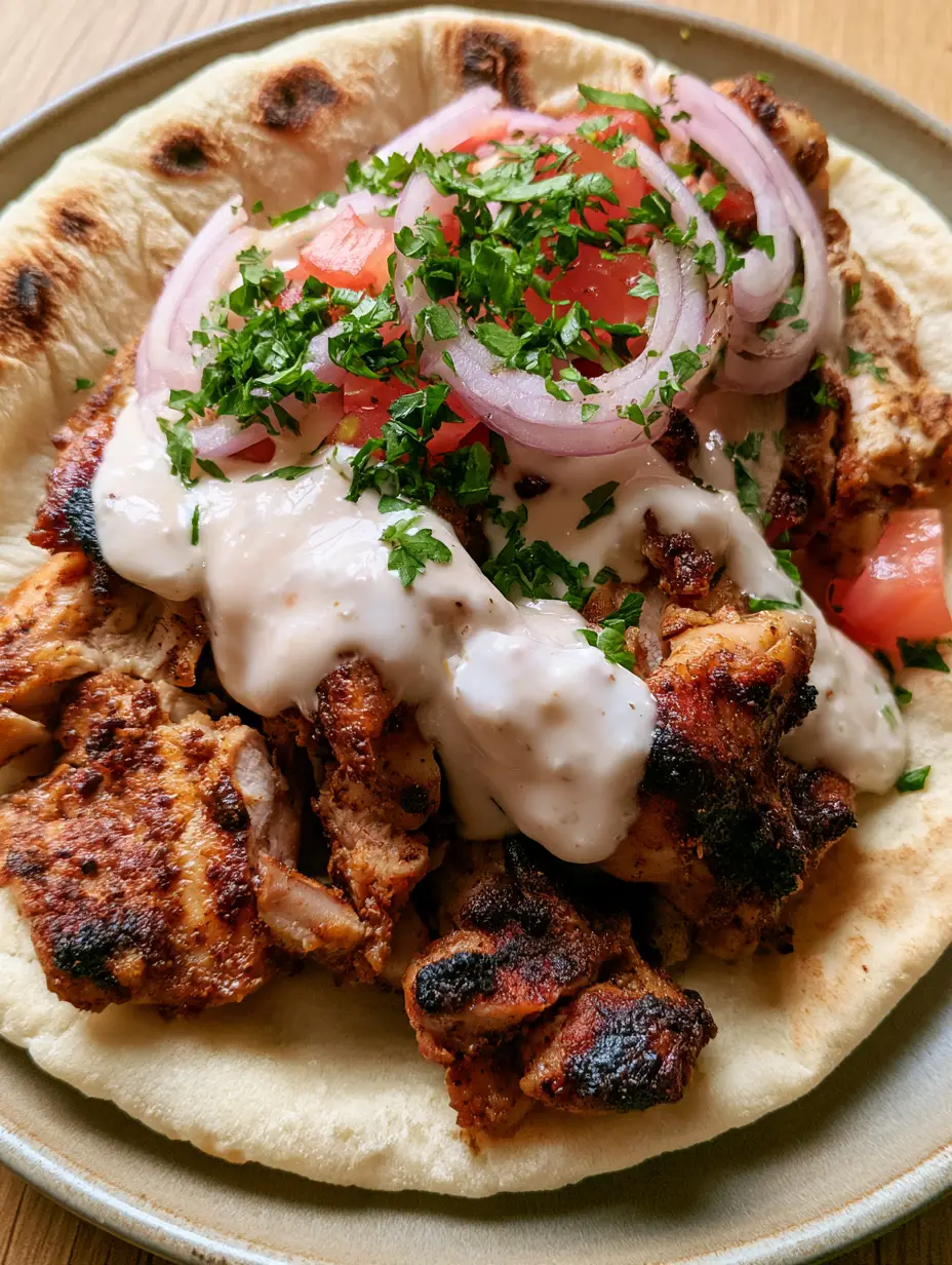 Chicken Shawarma with Authentic Garlic Sauce and Charred Pita 3 A handheld smartphone photo showing the charred edges of spice-rubbed Chicken Shawarma inside a pita.