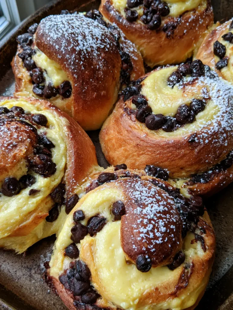 Custard Brioche Rolls with Vanilla Cream and Chocolate Chips 1 Artisan spiral brioche rolls with a delicate dusting of powdered sugar on a dark rustic baking sheet.