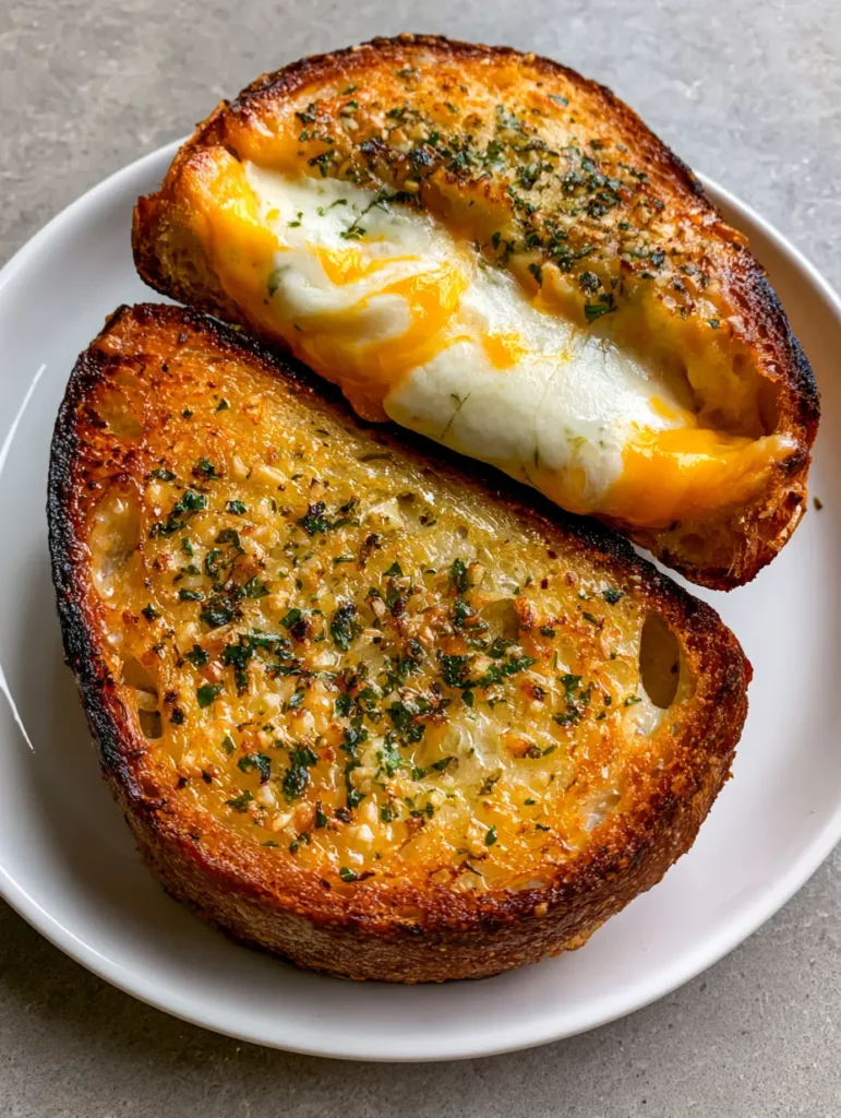 Top-down view of Garlic Bread Grilled Cheese with charred sourdough edges and bits of toasted minced garlic and parsley.