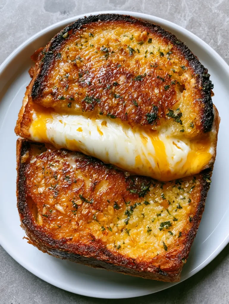 Garlic Bread Grilled Cheese with Artisanal Sourdough and Garlic Butter 1 A close-up of the melted cheese stretch between two halves of artisanal sourdough garlic bread.