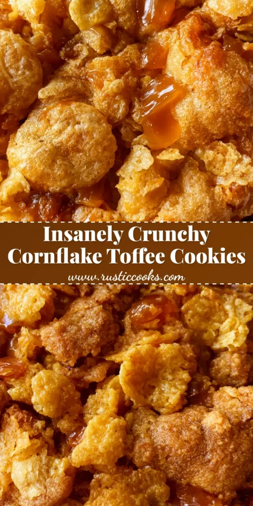 A handheld smartphone photo of a thick, rustic cornflake toffee cookie with caramelized edges and glistening toffee shards. (Cornflake Toffee Cookies)
