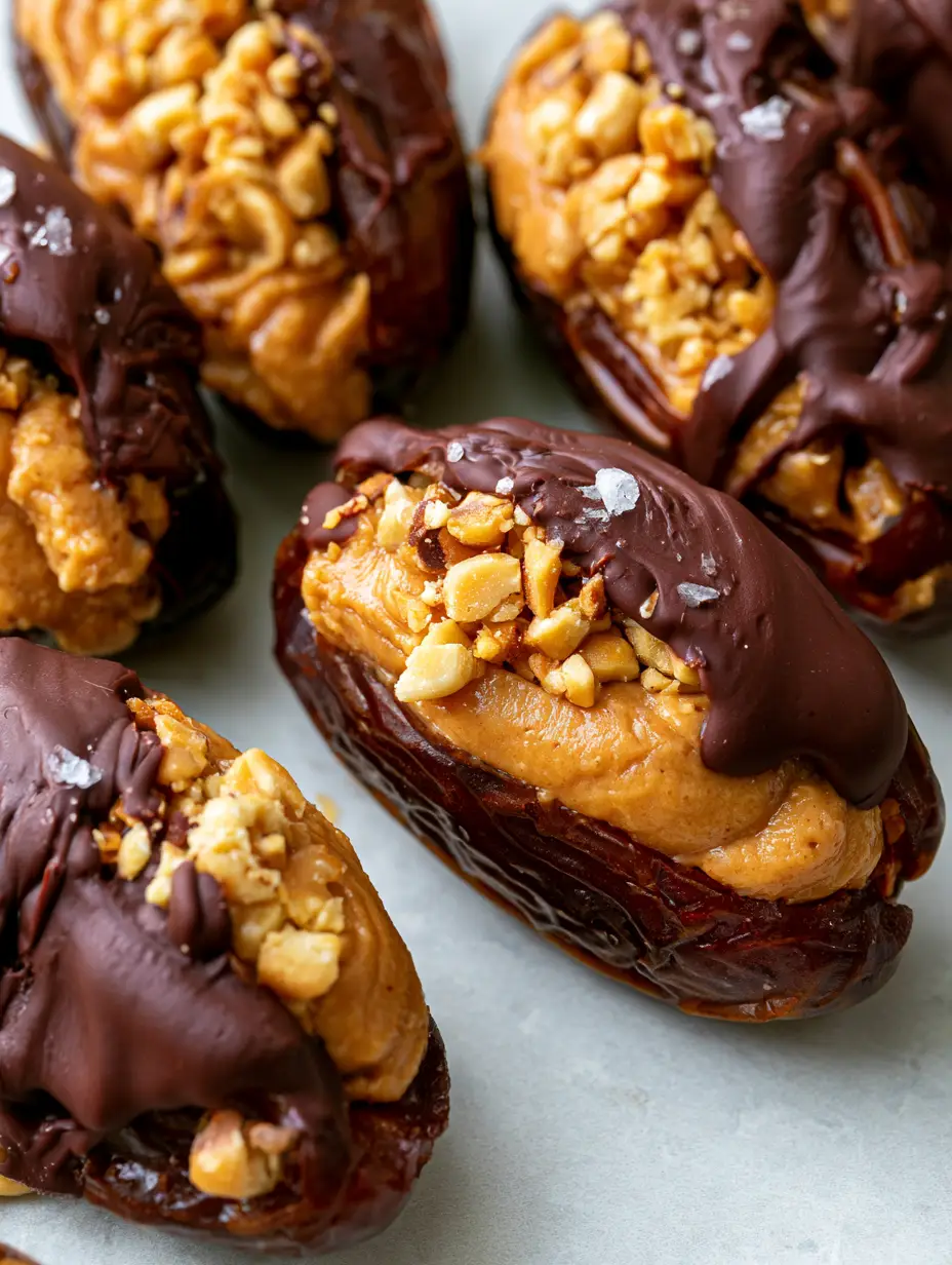 Date Snickers Bars with Creamy Peanut Butter and Dark Chocolate 3 Close-up of a single Date Snickers Bar showing the peanut butter filling and chopped peanuts under a chocolate drizzle.