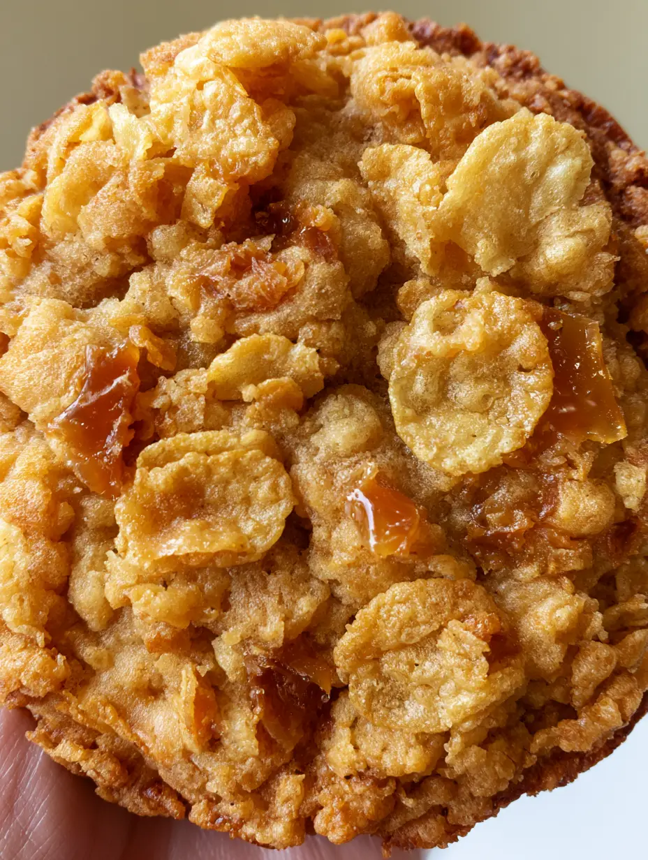Close-up of a Cornflake Toffee Cookie showing the matte texture of toasted cereal and amber toffee shards. (Cornflake Toffee Cookies)