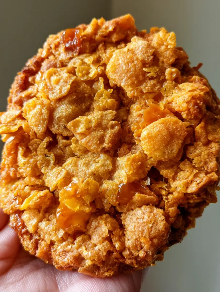 Thick golden-brown cookies with embedded cornflakes and melted toffee against a neutral kitchen background.