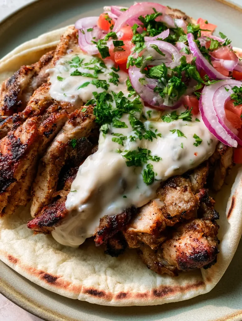 Chicken Shawarma with Authentic Garlic Sauce and Charred Pita 1 A top-down view of Chicken Shawarma topped with white garlic sauce, red onions, and fresh parsley.