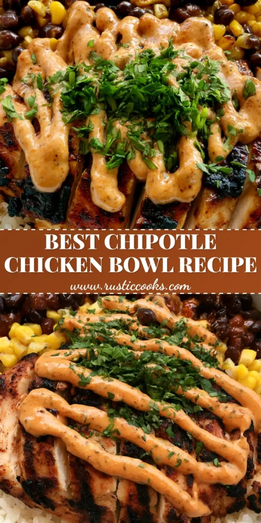A professional-looking Chipotle Chicken Bowl with charred chicken, black beans, corn, and a vibrant orange chipotle sauce drizzle on white rice. (Chipotle Chicken Bowl)