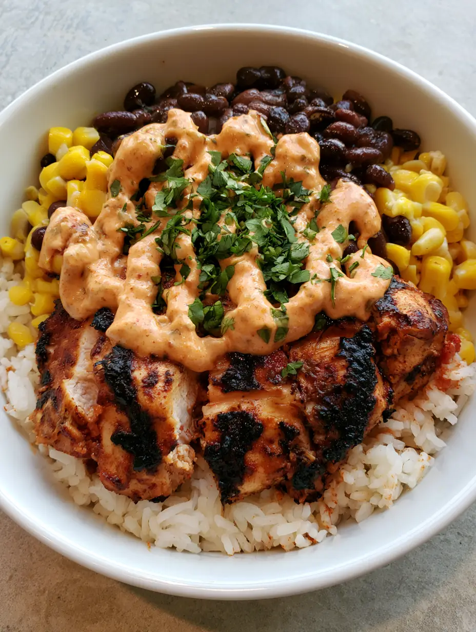 Top-down view of a Chipotle Chicken Bowl on a grey stone surface with charred chicken and glossy black beans. (Chipotle Chicken Bowl)