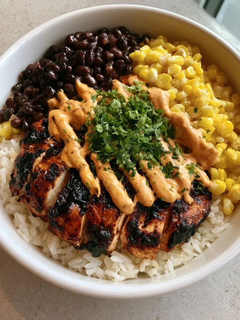 A close-up of the orange chipotle sauce zigzagged over a fresh chicken bowl. (Chipotle Chicken Bowl)