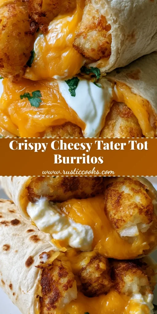 Cheesy Potato Burrito with Crispy Tater Tots and Sharp Cheddar 4 A halved Cheesy Potato Burrito on a white plate showing crispy tater tots and melted orange cheddar. (Cheesy Potato Burrito)