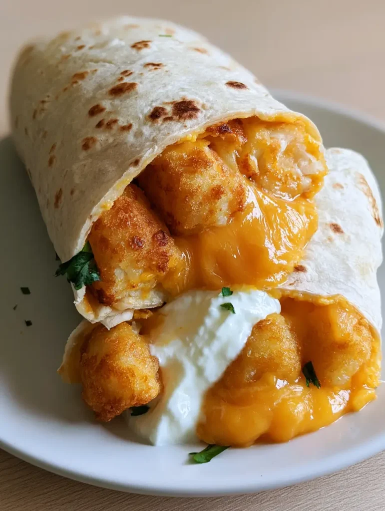 Handheld photo of a sliced Cheesy Potato Burrito with visible brown blister marks on the tortilla and melted sharp cheddar. (Cheesy Potato Burrito)