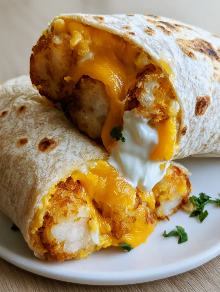 Cheesy Potato Burrito with Crispy Tater Tots and Sharp Cheddar 1 Interior view of a Cheesy Potato Burrito showing layers of golden tater tots and thick melted cheddar cheese.