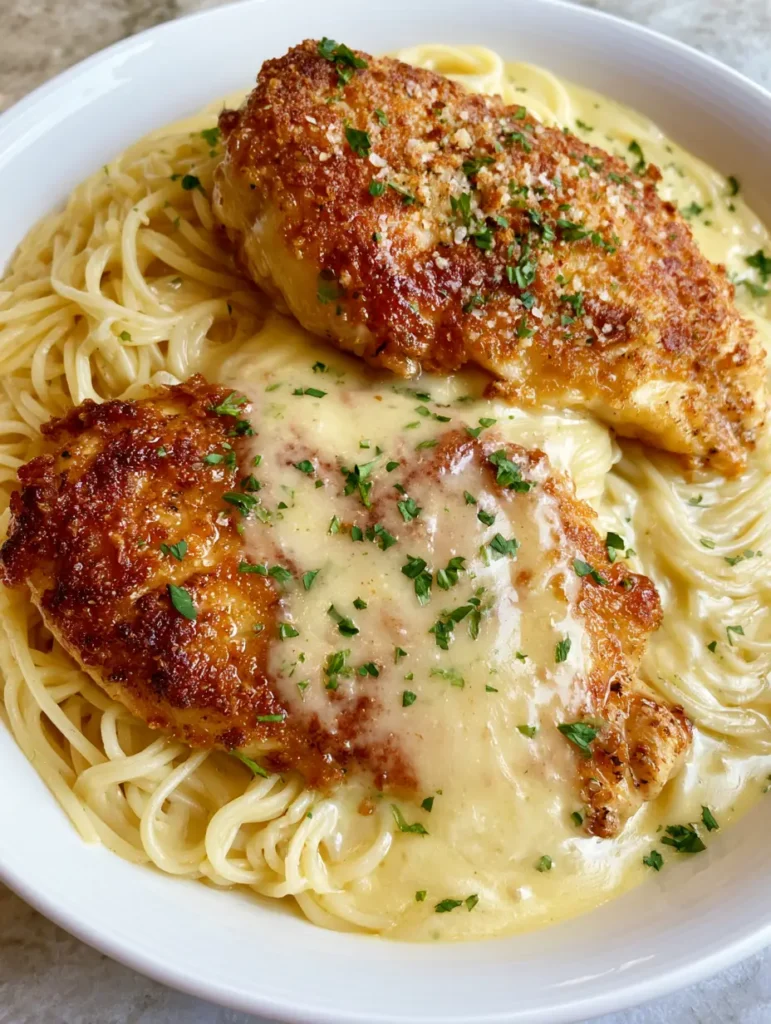 Chicken Romano Recipe: The Ultimate Golden-Brown Crusted Chicken and Pasta 2 Overhead smartphone photo of two Romano-crusted chicken breasts on a white ceramic plate with lemon cream sauce and parsley. (Chicken Romano Recipe)