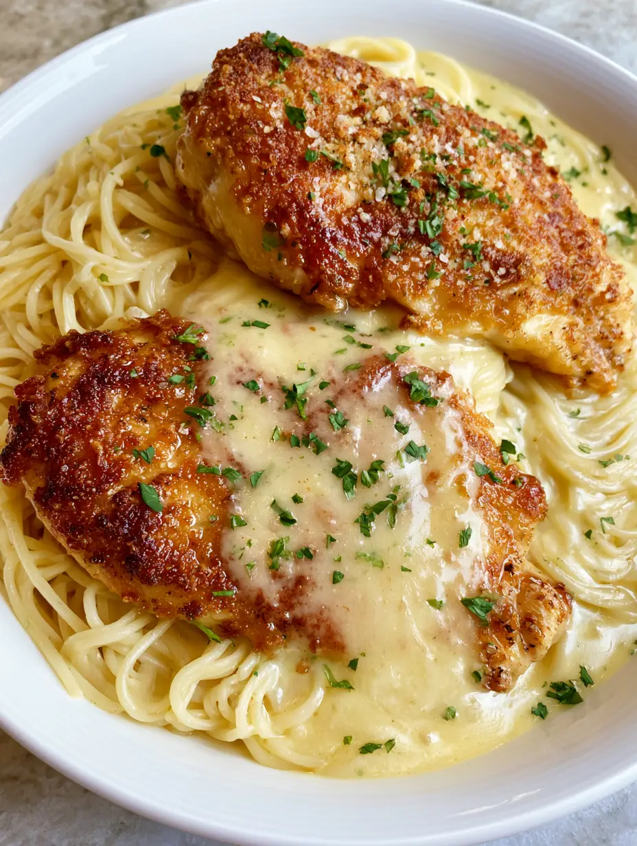 Chicken Romano Recipe: The Ultimate Golden-Brown Crusted Chicken and Pasta 3 Overhead smartphone photo of two Romano-crusted chicken breasts on a white ceramic plate with lemon cream sauce and parsley. (Chicken Romano Recipe)