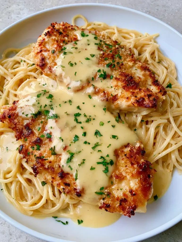 Chicken Romano Recipe: The Ultimate Golden-Brown Crusted Chicken and Pasta 1 Close-up of the glossy pale yellow lemon cream sauce coating the spaghetti and Romano chicken. (Chicken Romano Recipe)