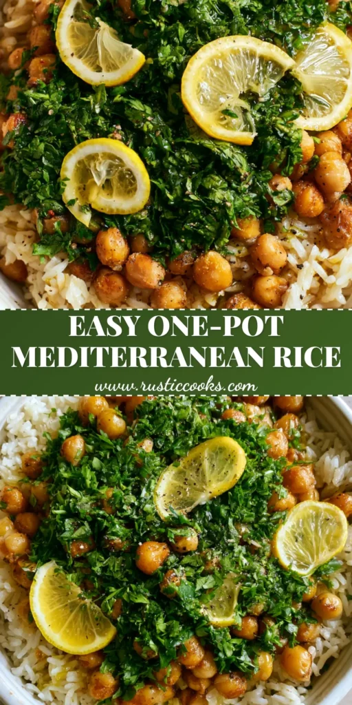 Mediterranean Rice and Beans with Roasted Golden Chickpeas and Lemon 4 A high-angle close-up of Mediterranean Rice and Beans in a white bowl with golden chickpeas and lemon slices on a gray surface.