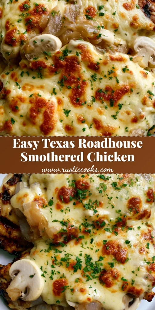 A close-up shot of Texas Roadhouse Smothered Chicken featuring dark grill marks and bubbly melted Monterey Jack cheese with golden spots on a white ceramic plate.