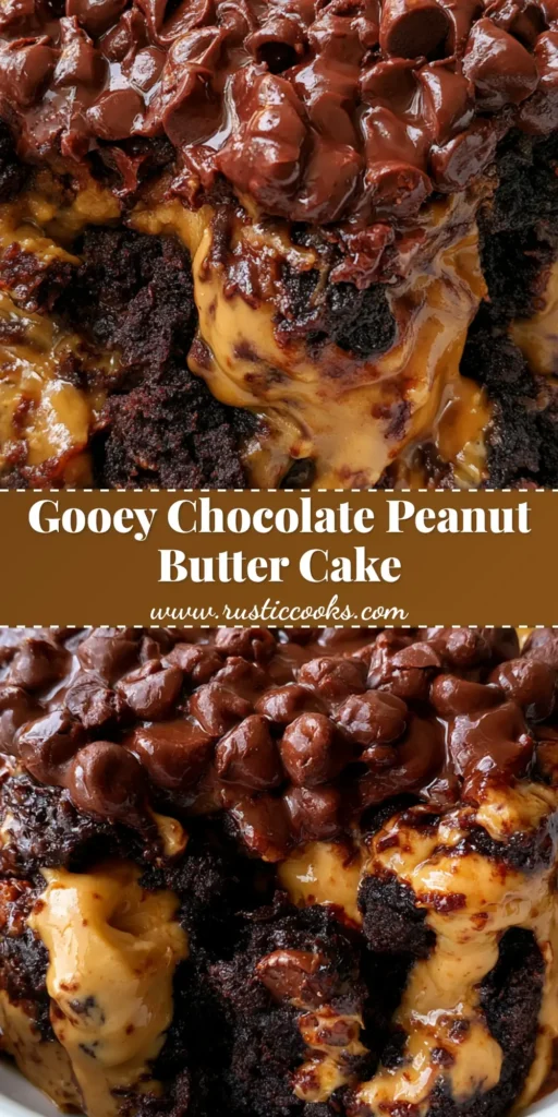 A warm, gooey scoop of Chocolate Peanut Butter Dump Cake in a white bowl showing melted swirls and glossy chips.
