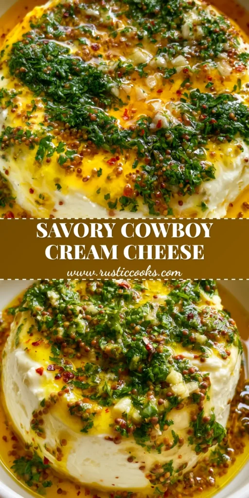 Cowboy Cream Cheese: The Boldest Savory Herb Butter Appetizer 4 A close-up shot of Cowboy Cream Cheese in a white bowl, featuring a thick block of cream cheese topped with golden melted herb butter, minced garlic, and red pepper flakes.