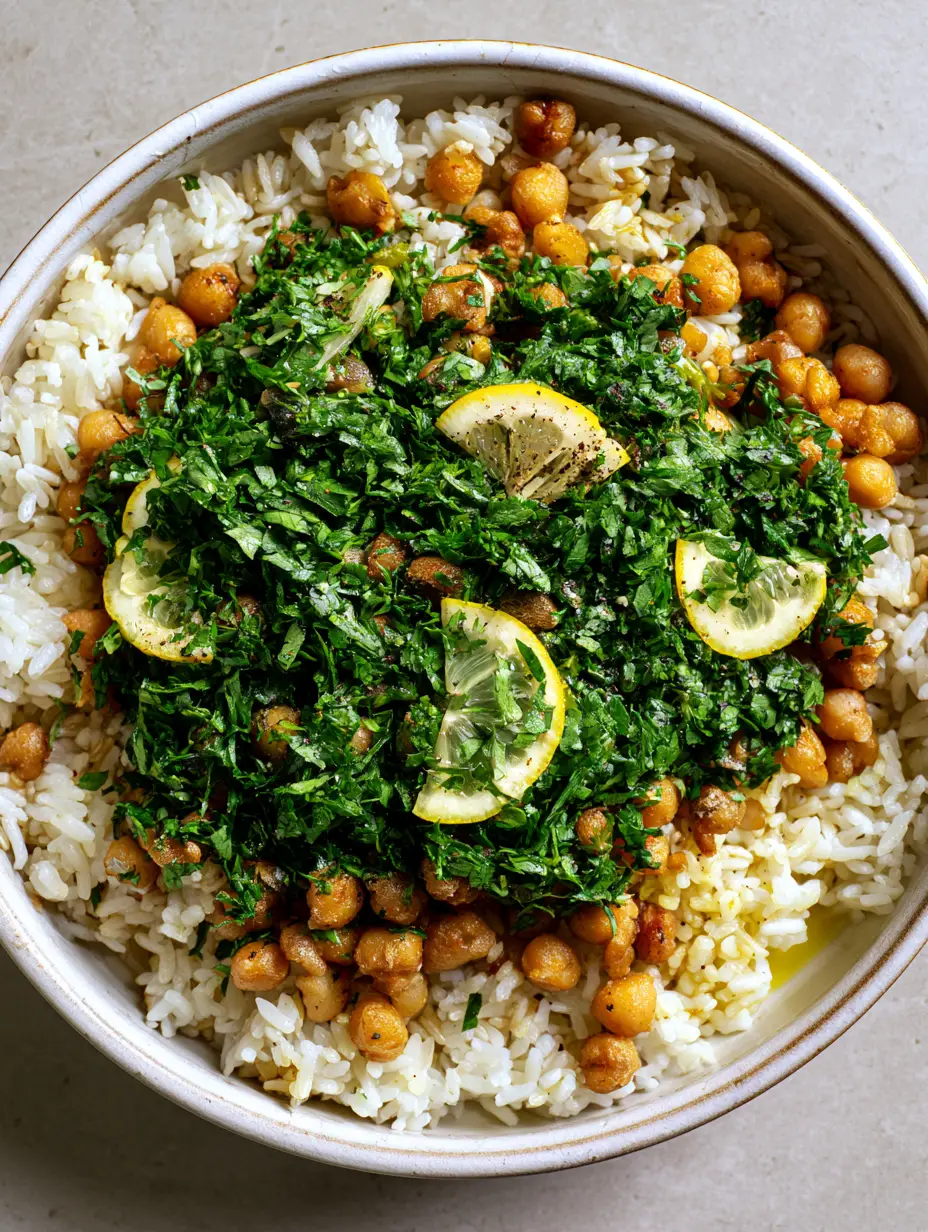 Mediterranean Rice and Beans with Roasted Golden Chickpeas and Lemon 3 Close-up of fluffy long-grain rice topped with golden-brown roasted chickpeas and minced parsley. (Mediterranean Rice and Beans)